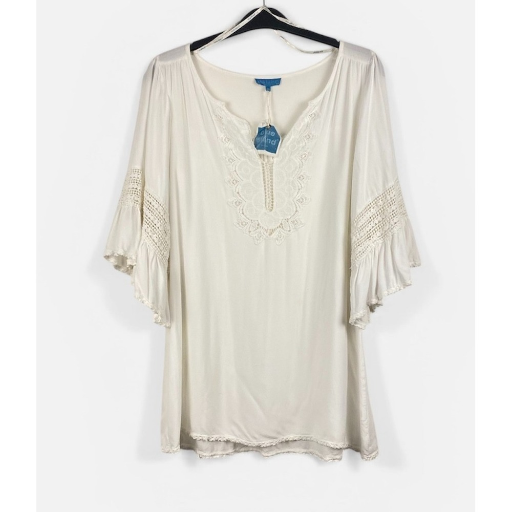 Blue Island Blouse Womens M White Lace Crochet Trim Bell Sleeves Boho Rayon Hipp